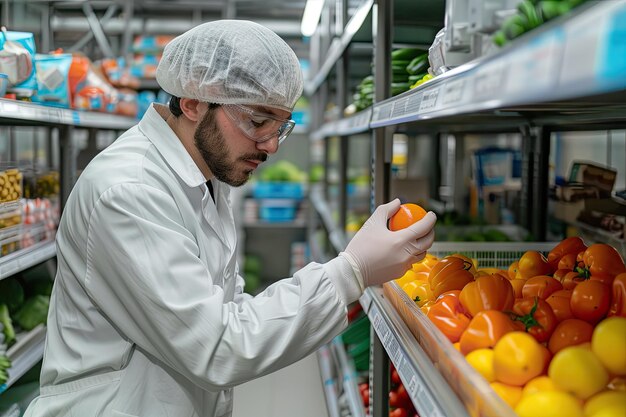 Foto uno scienziato alimentare meticoloso valuta la qualità delle verdure fresche in un ambiente di laboratorio controllato