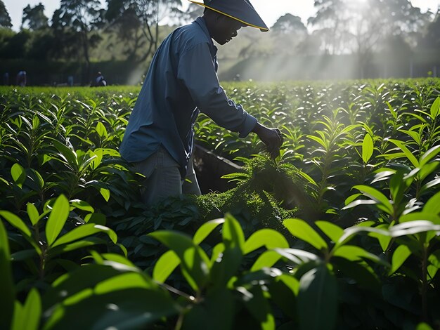 Photo meticulous tea picker selecting the finest leaves ai generated