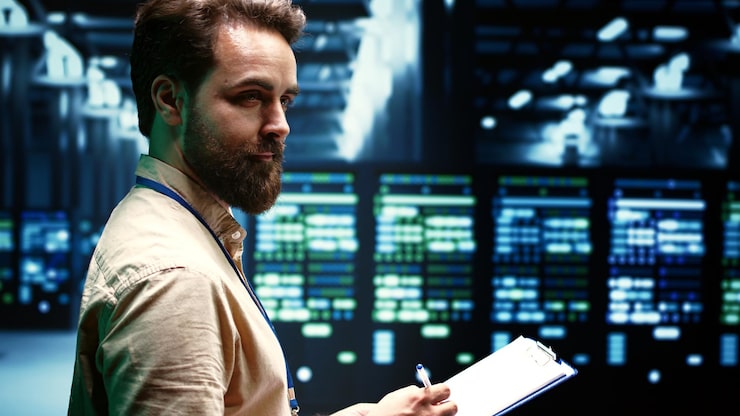 Photo meticulous technician doing checkup on interlinked computers creating server network. high tech establishment using parallel computing to perform complex calculations and process large amounts of data