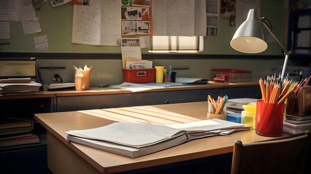 Photo meticulous work in progress at a school office desk