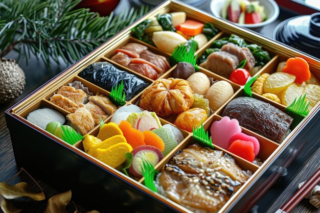 A meticulously arranged bento box filled with a variety of local japanese delicacies