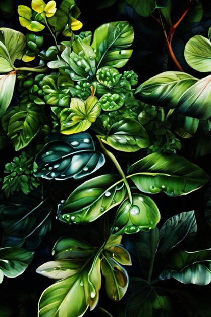 Foto una raffigurazione meticolosamente realizzata di una pianta verde adornata da gocce luccicanti generate da ai