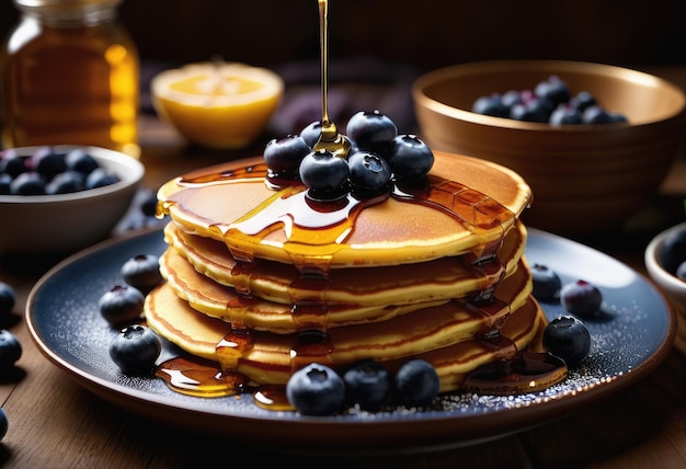 A meticulously detailed macro capture of golden brown pancakes adorned with glistening maple syrup