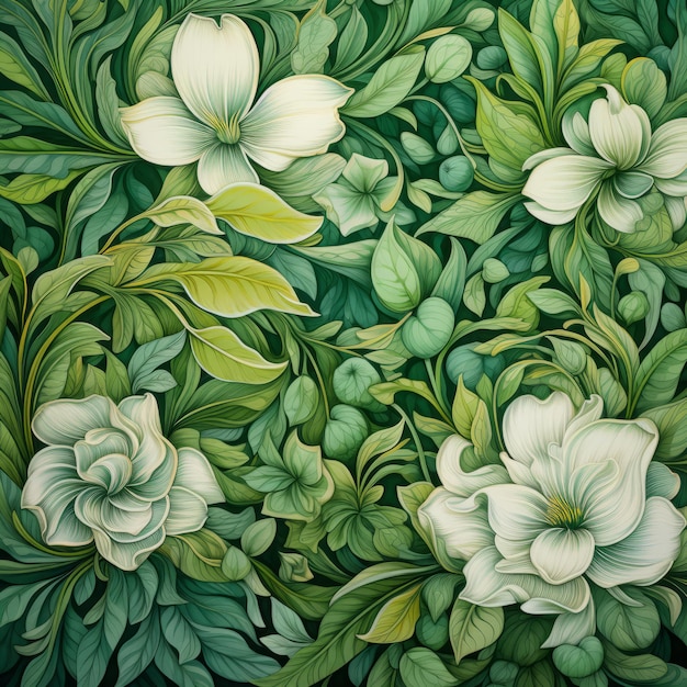 白い 花 と 緑 の 葉 の 細かい 詳細 の 絵画