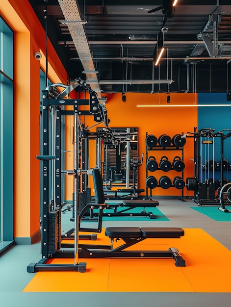 A meticulously organized gym with equipment colorcoded highlighting the aesthetic and functional harmony in a fitness space