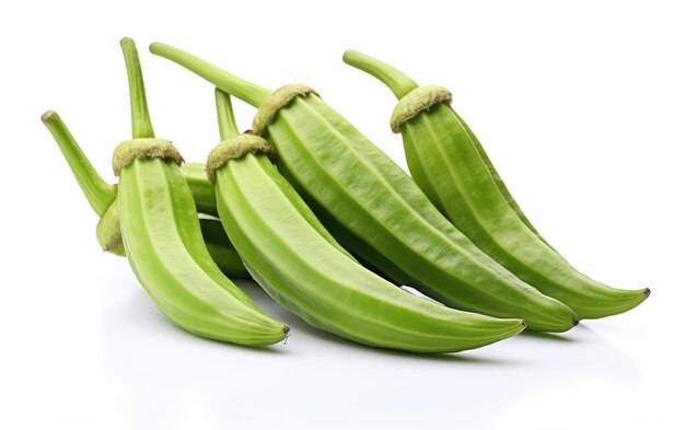 Meticulously Presented Fresh Okra Pods on white background