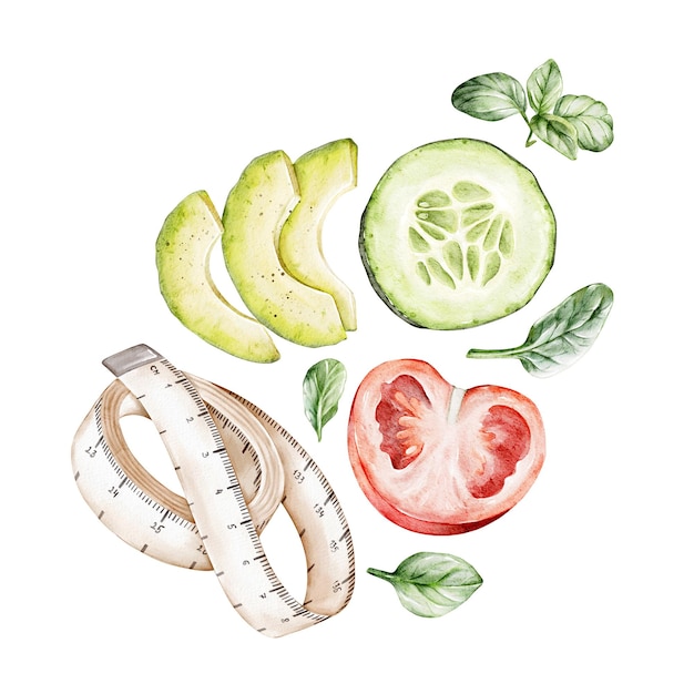 Metingstape tomaten komkommer avocado spinazie basilicum gewichtsbeheersing geïsoleerde aquarel clipart