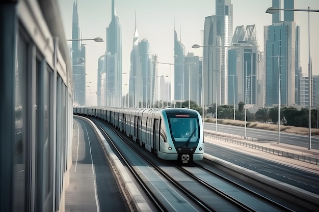 두바이의 유리 고층 빌딩 사이에 있는 메트로 철도 두바이 거리의 교통 두바이 스카이라인의 미래 개념 도시 배경 Generative Ai