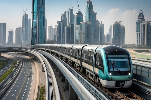 두바이의 유리 고층 빌딩 사이에 있는 메트로 철도 두바이 거리의 교통 두바이 스카이라인의 미래 개념 도시 배경 Generative Ai