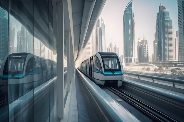 Metro railway among among glass skyscrapers in Dubai Traffic on street in Dubai Future concept in Dubai Cityscape skyline Urban background Generative Ai