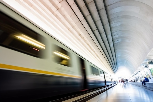 Metro train leaving the subway station Lisbon Portugal Motion blurred view from below