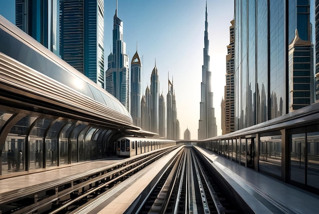 Metro van Dubai uitzicht tussen glazen wolkenkrabbers in het zakendistrict stedelijke achtergrond behang van meter