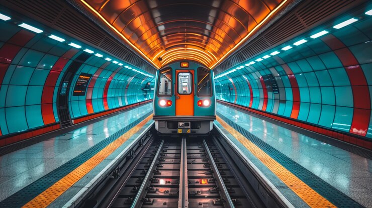 Foto metrolijn ondergrondse tunnel met een bewegende trein in een dynamische stedelijke omgeving
