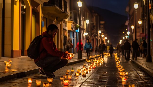 A metropolis city in bogota city without electricity people lighting with candles and hand lanter