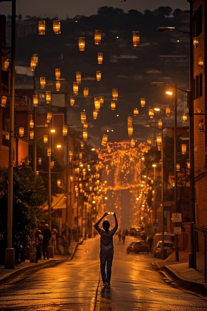 電気のないボゴタの都市 人々はろうそくと手のランターで照らしています