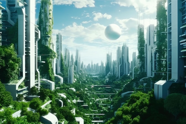 Metropolis friendly ecology mega city buildings and towers green environment city Generative AI