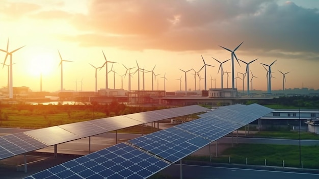 Metropolitan areas with smart grid connections for a solar cell factory and wind turbines Generative AI Wind Turbine and Energy Supply