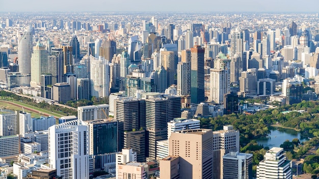 The metropolitan bangkok city aerial view urban tower bangkok\
city thailand on april 2019 blue sky background cityscape\
thailand