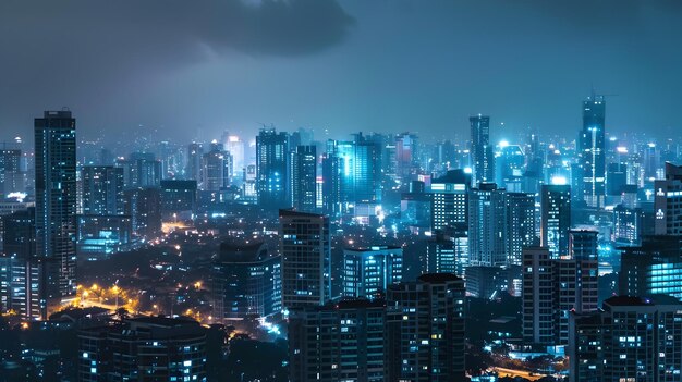 夜の雨の中の大都市のスカイライン