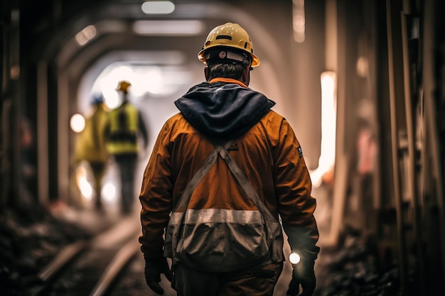 Metrowerker in een tunnel met een reflecterend jasje en een veiligheidshelm illustratie Generatieve AI