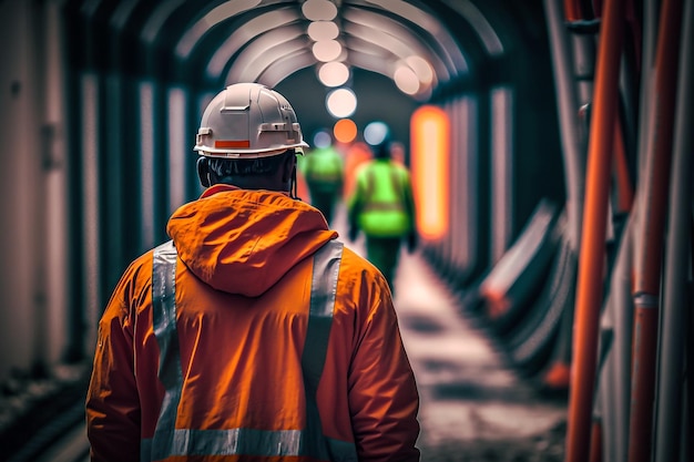 Metrowerker in een tunnel met een reflecterend jasje en een veiligheidshelm illustratie Generatieve AI