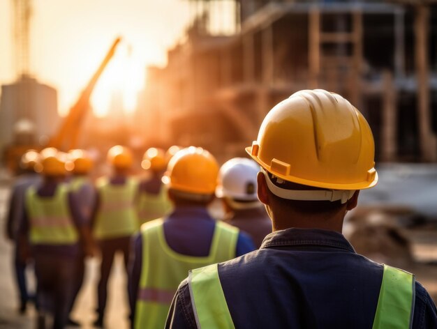 Metselaars gaan aan het werk, gekleed in veiligheidshelmen en veiligheidsvesten bij zonsopgang. AI generatief