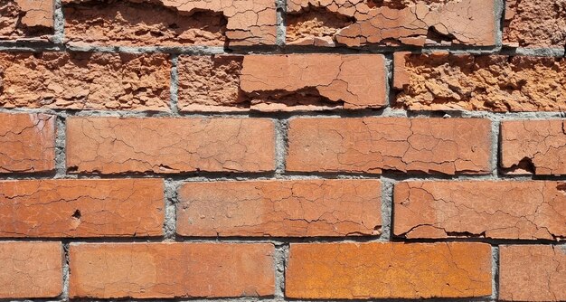 Metselwerk. Oude bakstenen muur in terracottakleur met vernietigde bakstenen. Gebarsten gevel.