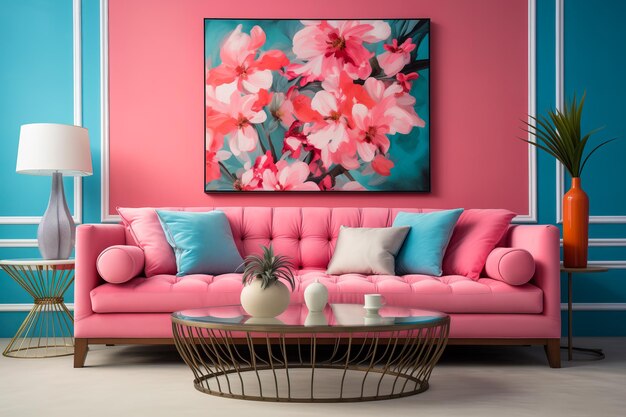 Meubelinterieur in roze en blauwe stijl Moderne stijl in meubelontwerp