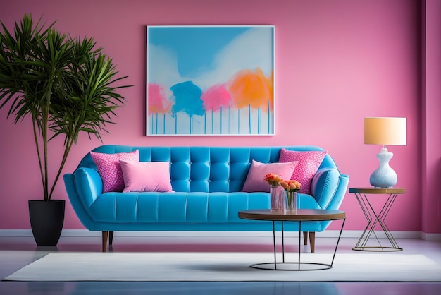 Meubelinterieur in roze en blauwe stijl