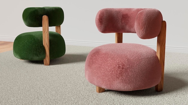 Meubels in het interieur Twee stijlvolle moderne fauteuils op houten pootjes Fluffy zachte stof Roze en groene poefjes