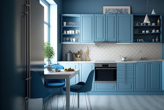 Meubilair in een eigentijdse blauwe keuken binnenkant van keuken met witte muren