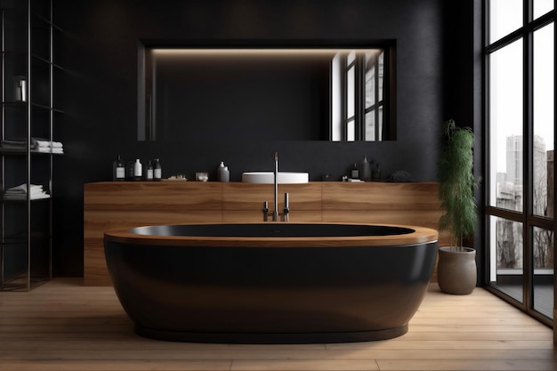 Meubilair luxe badkuip design interieur huis badkamer hout wit modern zwart Generatieve AI