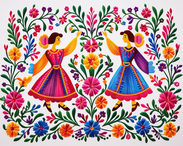Foto mexicaans borduurwerk met een levendige afbeelding van dansende folklorico-dansers