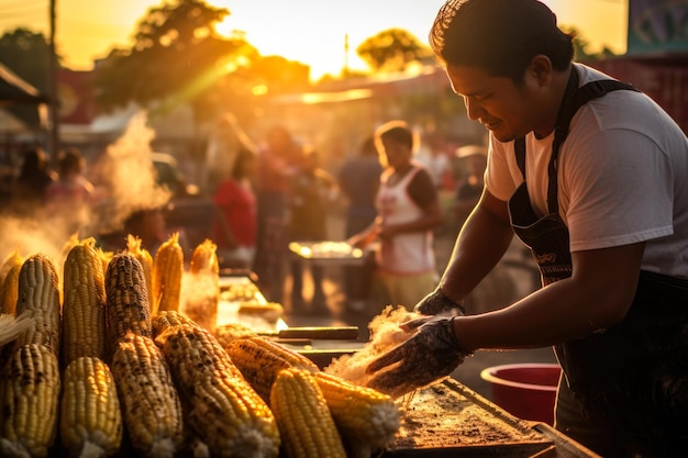 Mexicaans culinair erfgoed Elote bereiden op de markt