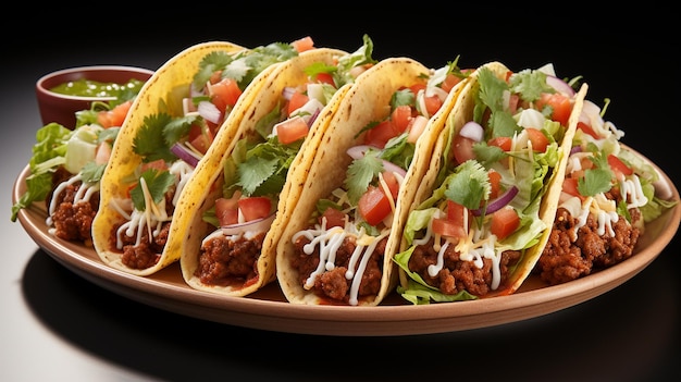 Mexicaans eten beef taco's met groenten op donkere houten achtergrond