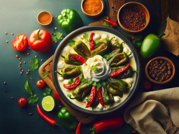 Mexicaans eten Chiles en nogada met een verscheidenheid aan ingrediënten, waaronder Nogada en Chili