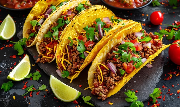 Mexicaans eten heerlijke taco schelpen met gemalen rundvlees en zelfgemaakte salsa