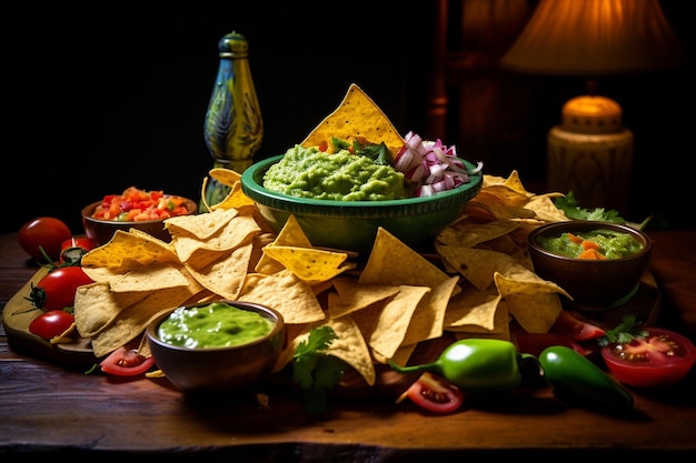 Mexicaans eten nachos tacos guacamole salsa guacamole limoen tortilla chips en tequila op een houten