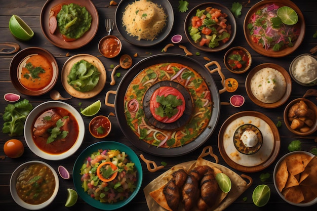 Mexicaans eten op donkere houten achtergrond Top view flat lay generative ai