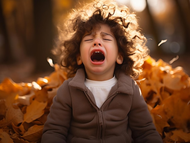 Mexicaans kind in emotionele dynamische pose op herfstachtergrond