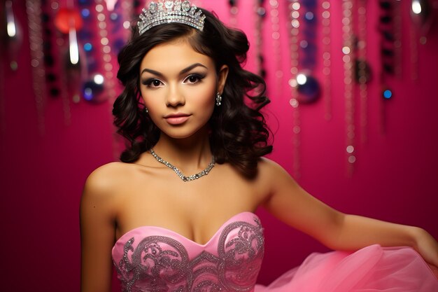 Mexicaans meisje van 15 jaar met een tiara in haar grote schitterende quineanera jurk.