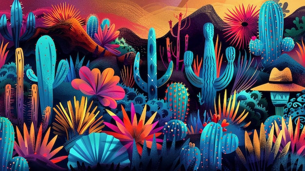 Mexicaanse abstracte banner met van cactus agave en sombrero Maya of Aztec patronen AI gegenereerd
