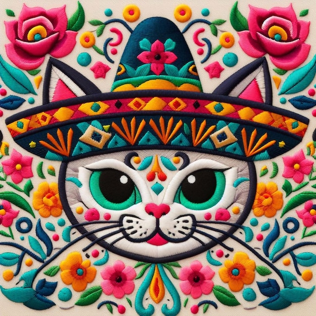 Foto mexicaanse borduurwerk met een mexicaanse kat