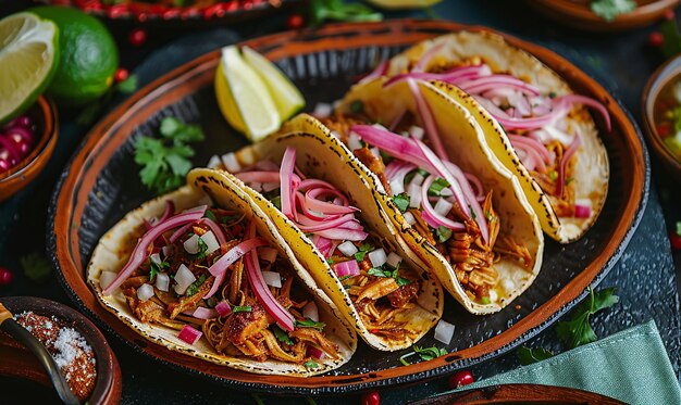 Mexicaanse cochinita pibil tacos met habanero saus traditioneel voedsel in Yucatan Mexico