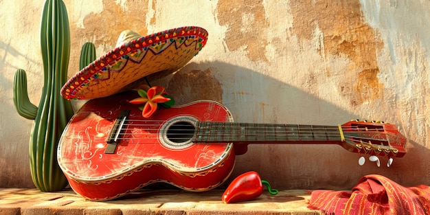 Mexicaanse culturele elementen met een mariachi-gitaar en een sombrero