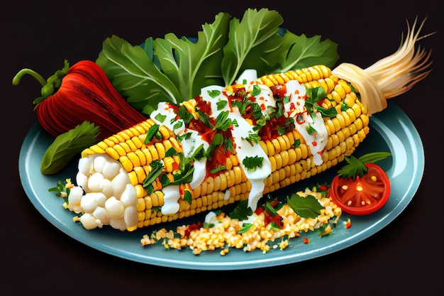 Mexicaanse elote van straatgraan met verse koriander van cotijakaas en chili Generative Ai