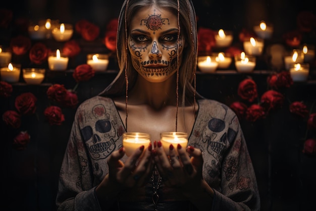 Mexicaanse feestdag van de dode Vrouw met make-up van suikerschedel en bloemen Genatieve AI