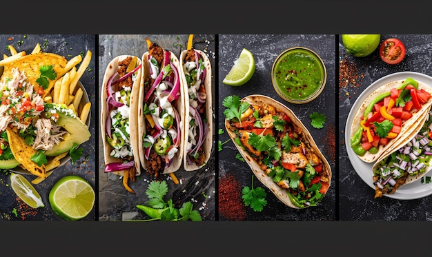Mexicaanse food collage met tacos carne asada friet en kip fajitas in platte lay compositie