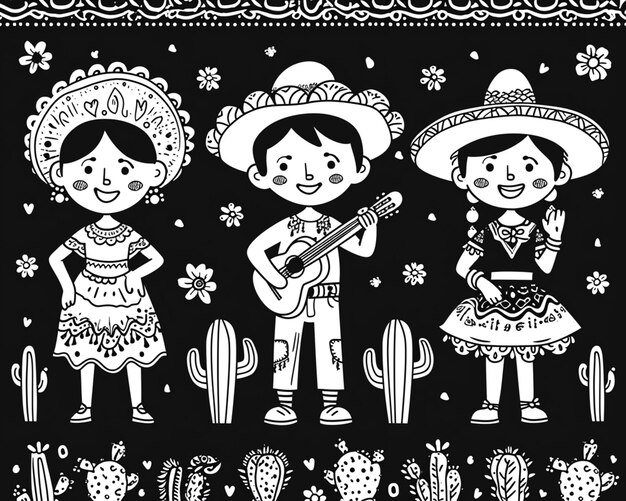 Mexicaanse kinderen in traditionele kleren spelen gitaar en zingen generatieve ai