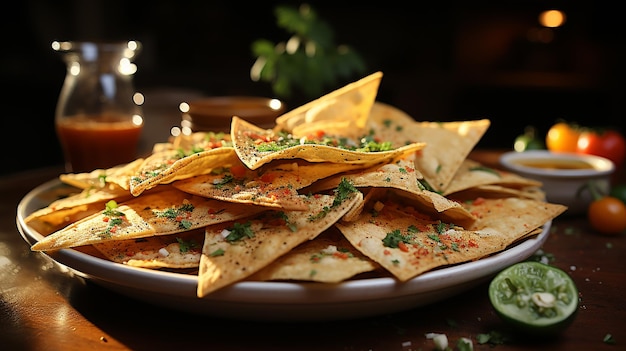 Mexicaanse maïschips met salsasaus op houten lijst